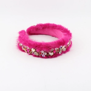 Luxury rose red faux fur headband with colorful rhinestones for high skull top hair accessory