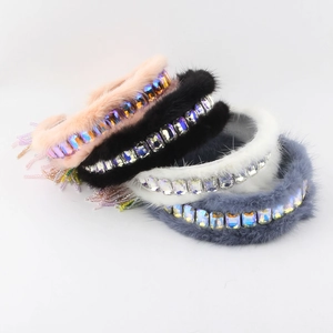 Luxury Faux Mink Fur Headband Crystal Rhinestone Colorful Tassel Fringe Elegant Hair Band For Party Wedding Women Jewelry