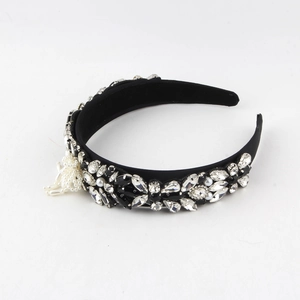 Baroque black velvet headband with luxury crystal floral patterns and white pearls