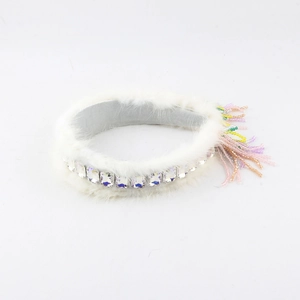 Plush white faux fur headband with crystal rectangle rhinestones and colorful beaded tassels