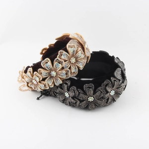Vintage Baroque Velvet Flower Headband For Women Full Rhinestone Padded Wide Hair Hoop With Beaded Tassels Party Jewelry