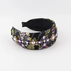 Serre-tête vintage noir brodé de fleurs avec cristaux violets et perles blanches élégantes