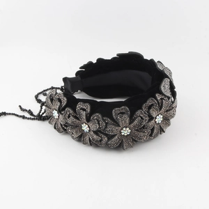 Vintage baroque velvet headband with rhinestone flowers and decorative bead fringe