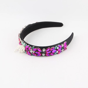 Baroque wide headband with pink and green crystals and a white pearl tassel