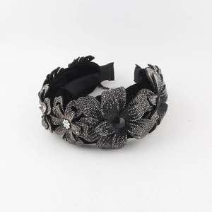 Vintage velvet baroque headband with dark grey rhinestones and floral tassel details