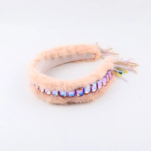 Pink mink fur headband with purple crystal square stones and beaded fringe accents
