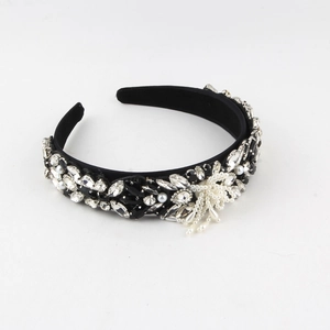 Detailed view of Baroque headband with black gems, teardrop crystals and pearl accents