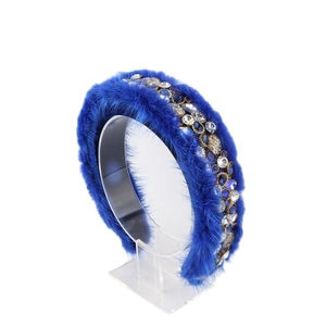 French style blue faux fur headband with luxury rhinestones and gemstones from side view