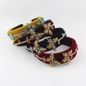 Serre-tête Rembourré en Velours Vintage Baroque pour Femme Papillon en Métal de Luxe avec Strass Incrustés Bandeau Large Bijoux de Cheveux