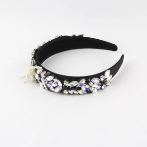 Baroque style wide headband with colorful crystals and pearl tassel on black velvet