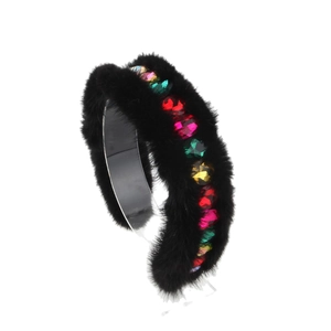 Serre-tête de luxe en fausse fourrure noire avec cristaux multicolores pour femmes