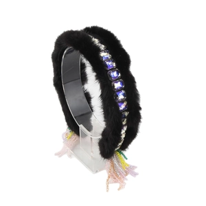 Elegant mink fur headband with purple rhinestones and colorful beaded tassels