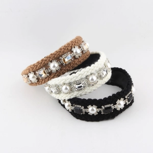 Serre-tête Tricoté Baroque Avec Künstliche Perles d'Imitation Strass Vintage Élégant Bandeau en Laine Épais Femmes Bijoux de Cheveux