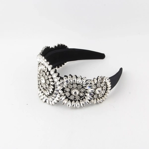 Baroque padded headband with sparkling crystal floral clusters on black velvet base