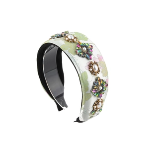 Serre-tête vintage à motif floral vert avec perles et strass colorés brillants