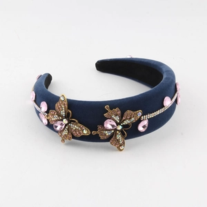 Serre-tête baroque en velours bleu marine avec papillons dorés et cristaux roses