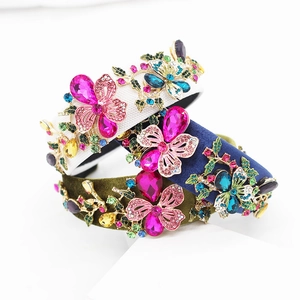 Baroque Luxurious Alloy Rhinestone Padded Headband With Butterfly Floral Patterns Retro Colorful Gemstone Hair Ornament For Women Party Decoration