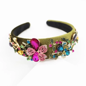 Luxury Baroque headband with colorful crystal flowers on green velvet for party