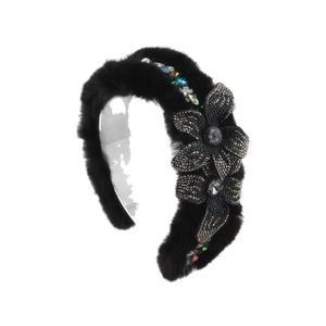 Barock gepolstertes Stirnband mit Nerzimitat, Pailletten, Blumen und bunten Kristallen