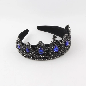 Baroque style bridal crown with blue crystals and black rhinestone embellishments