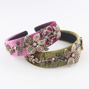 Baroque Vintage Luxurious Velvet Rhinestone Padded Headband For Women Heavy Craft Metal Flower Party Wedding Hair Accessories