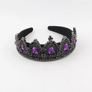 Baroque Gothic tiara featuring black metal frame with purple teardrop crystals and rhinestones