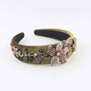 Luxury Baroque olive green velvet headband with colorful rhinestones and floral metalwork
