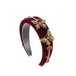 Serre-tête en velours bordeaux style baroque avec papillons dorés et cristaux brillants