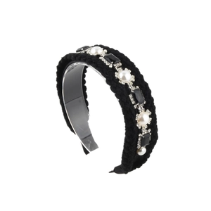 Serre-tête baroque en tweed avec perles élégantes et strass noirs pour femmes