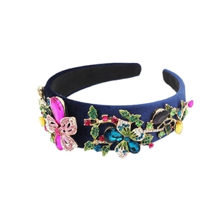 Baroque velvet headband with colorful rhinestone floral crystals and jewelry accents