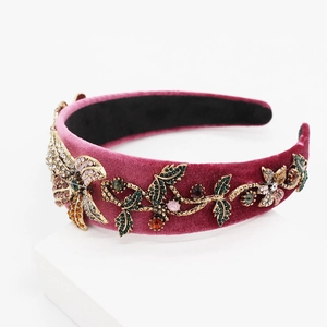 Luxury Baroque headband with colorful rhinestones and floral metal on rose velvet fabric