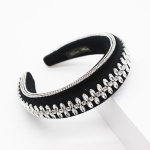 Close-up of luxury velvet headband with sparkling marquise rhinestones and crystals