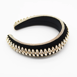 Macro shot of luxury black velvet headband with marquise rhinestones and crystal fringes