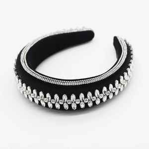 Luxury black velvet sponge headband with sparkling rhinestone tassel and crystal patterns