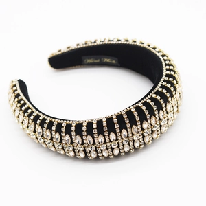Luxurious black velvet headband with sparkling rhinestones and elegant crystal fringes