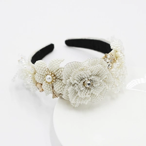 Serre-tête de Luxe en Künstliche Perles et Strass Fait Main pour Femme Bandeau Blanc Brodé de Künstliche Perles pour Mariage et Fête