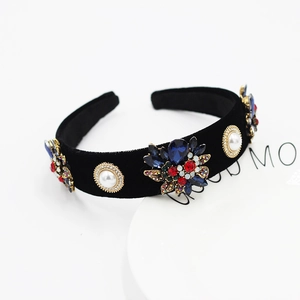Baroque black velvet headband with blue gemstones, red flowers and white pearls
