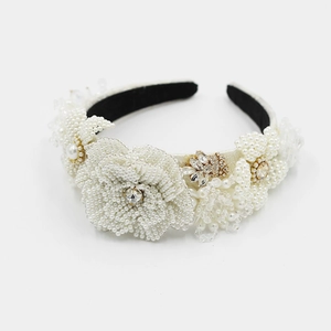 Serre-tête de luxe fait main avec perles, strass et broderies florales en 3D