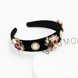 Baroque black velvet headband with colorful rhinestones and white pearls for women