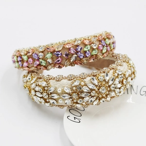 Baroque luxury headband with colorful marquise rhinestones and white pearls on satin