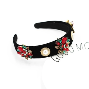 Baroque velvet headband with colorful gemstones and pearls in a vintage floral design