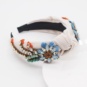 Baroque beige fabric headband with colorful crystal beads and floral embroidery details