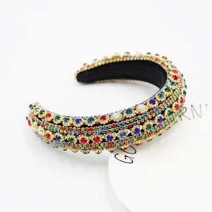 Baroque luxury headband with colorful rhinestones on thick black padded velvet band