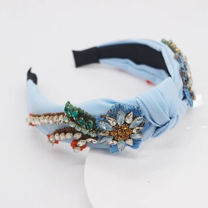 Baroque light blue fabric headband with crystal beaded flowers and knot design for women