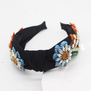 Baroque style wide fabric headband with floral embroidery and colorful crystals