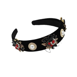 Baroque black velvet headband with gemstone flower clusters and large pearls ornament