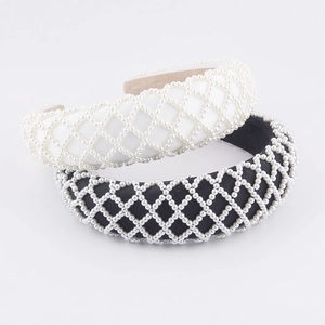 Vintage Women Padded Artificial Pearl Grid Headband Sponge Fabric Rhombus Mesh Hairband For Daily Party Wedding Hair Accessories