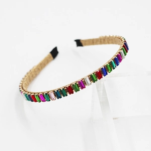 Baroque rainbow rhinestone headband with gold trim and colorful crystal rectangles