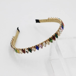 Detailed side view of baroque headband with multicolored marquise rhinestones on gold frame