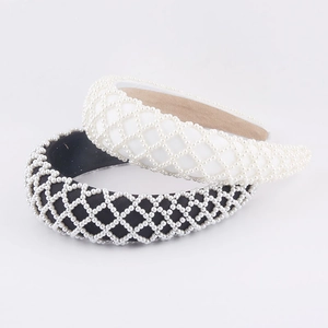 Detail of sponge padded headbands with pearl mesh pattern in black and white styles